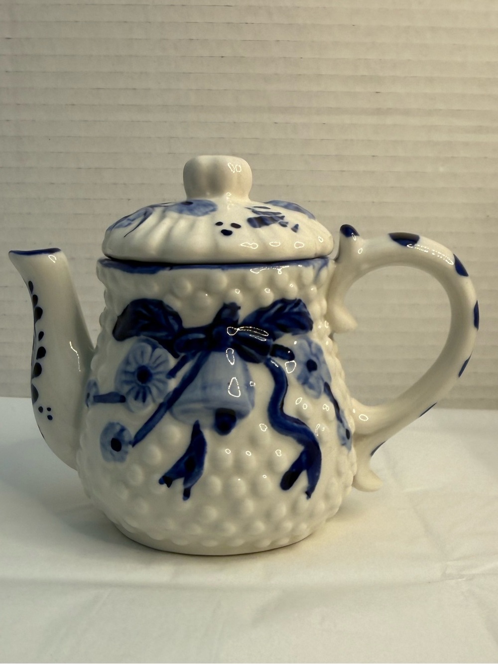 Vintage White and Blue Ceramic Small Teapot Hobnail with Floral Ribbon Design